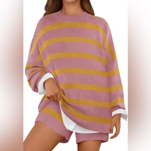 MEROKEETY 2 Piece Sweater Lounge Sets Striped Long Sleeve Shorts Oversized.